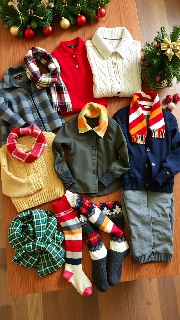 A variety of clothing items for Christmas gifts, including sweaters, scarves, and socks, on a festive table.